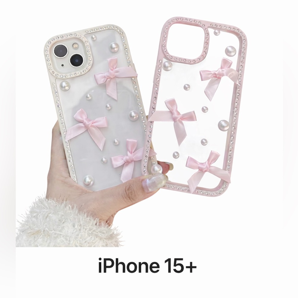 NWT iPhone 15 Plus Case – Pink Bow & Pearl Clear Rhinestone Phone Case